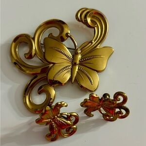 Gold Butterfly Brooch and Earring Set vintage